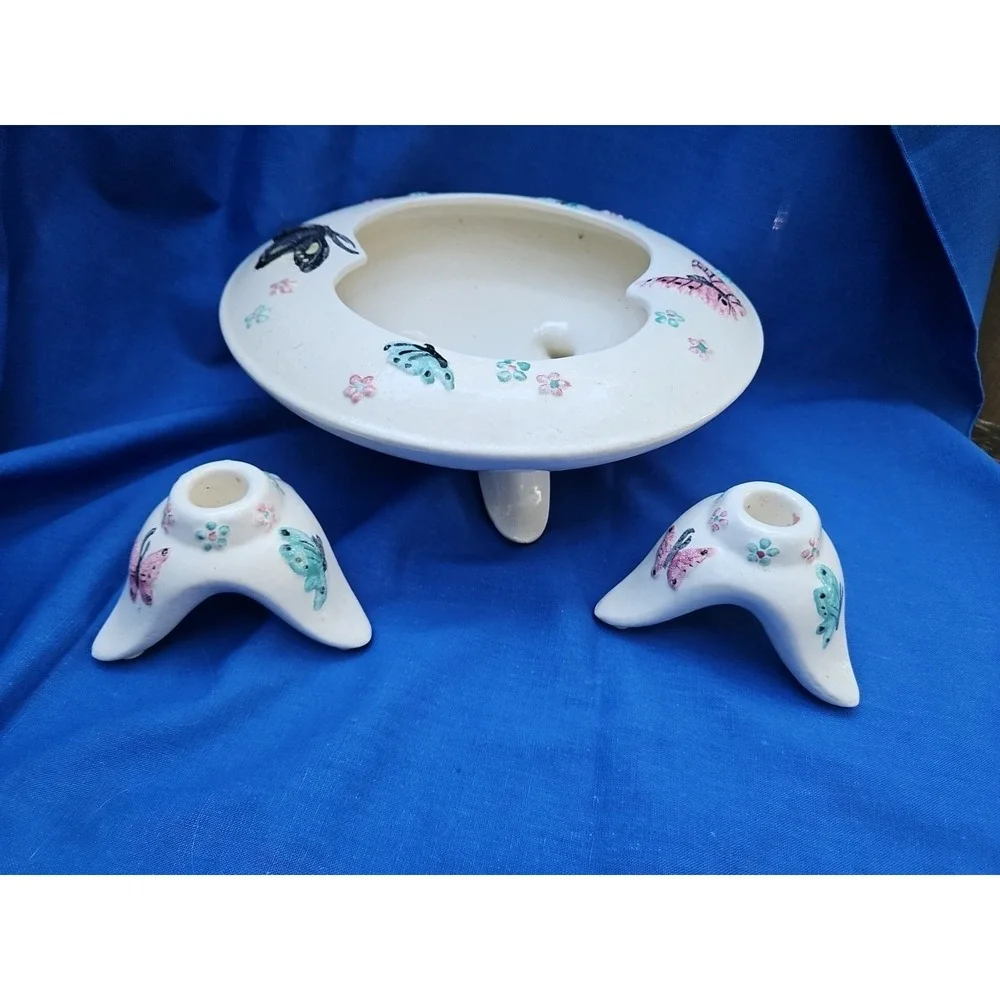 VTG Hull Pottery BUTTERFLY Console Bowl Candle Holder Set MCM Atomic Centerpiece